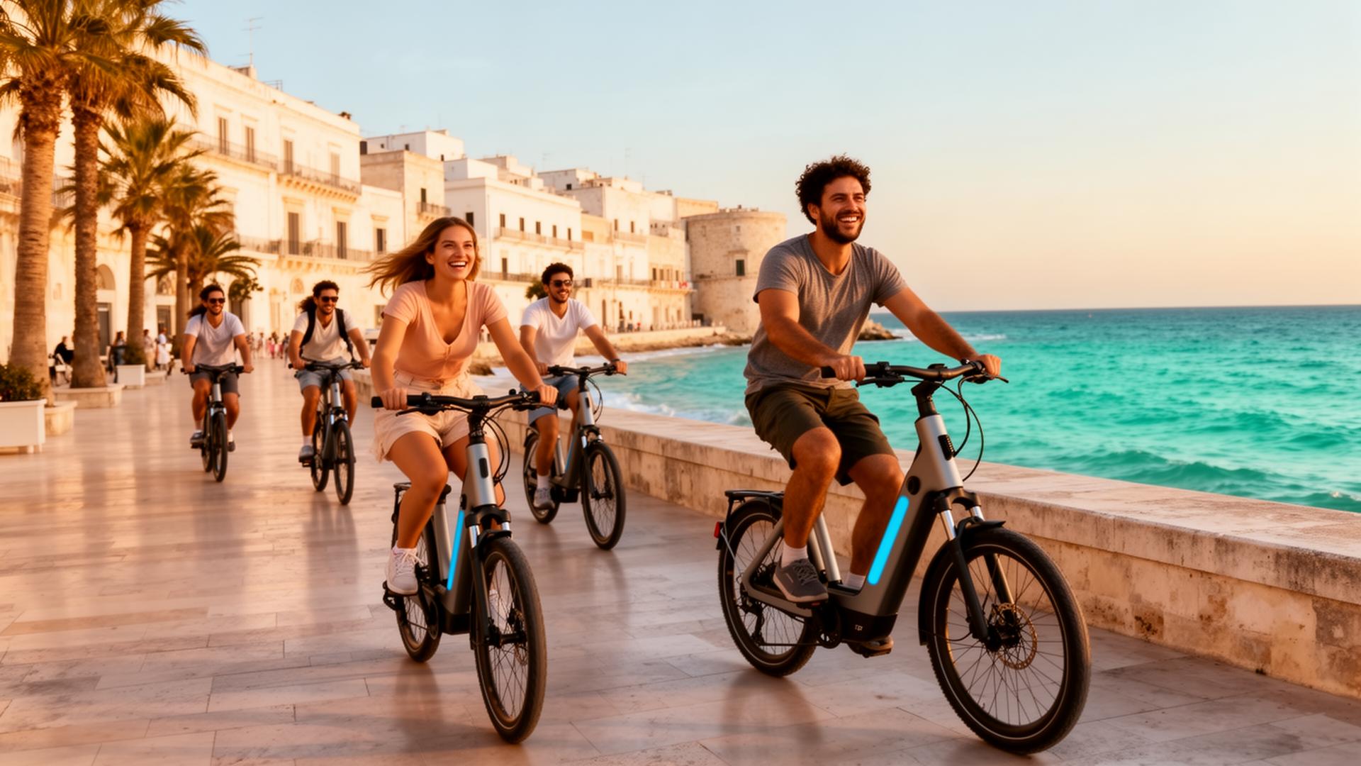 Persone in e-bike sul lungomare di Bisceglie